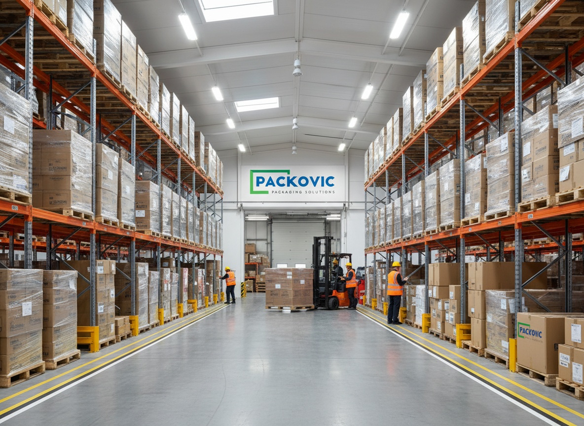 modern packaging manufacturing facility interior, industrial equipment, professional photography